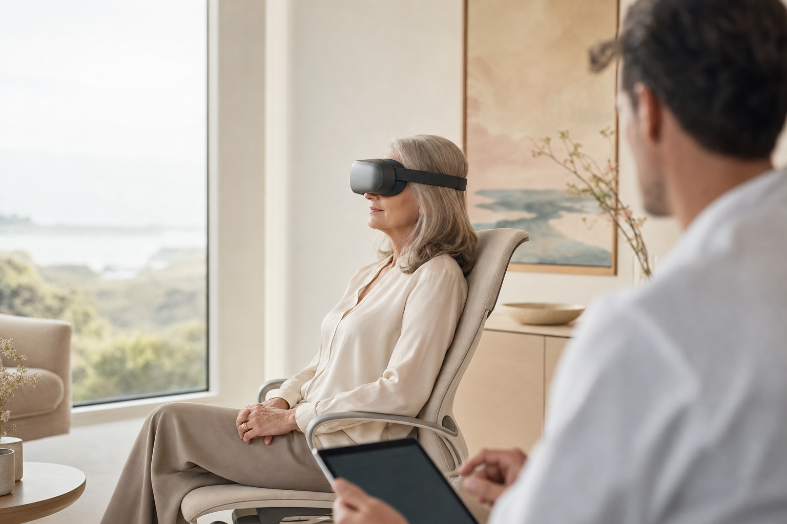 A patient completes a headset-based cognitive performance assessment in a premium care setting.