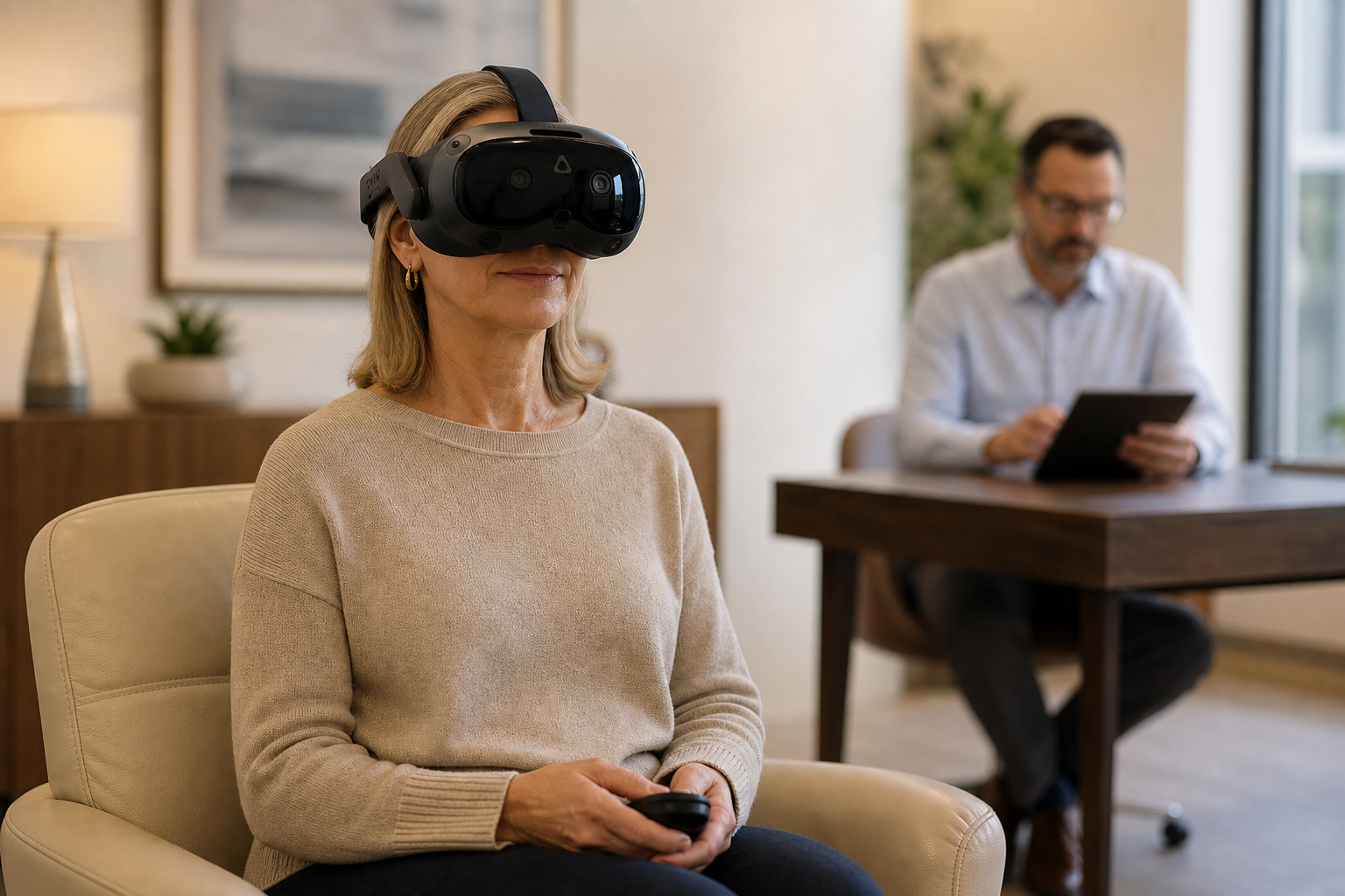 A patient completes a supervised headset-based assessment while a clinician monitors nearby.