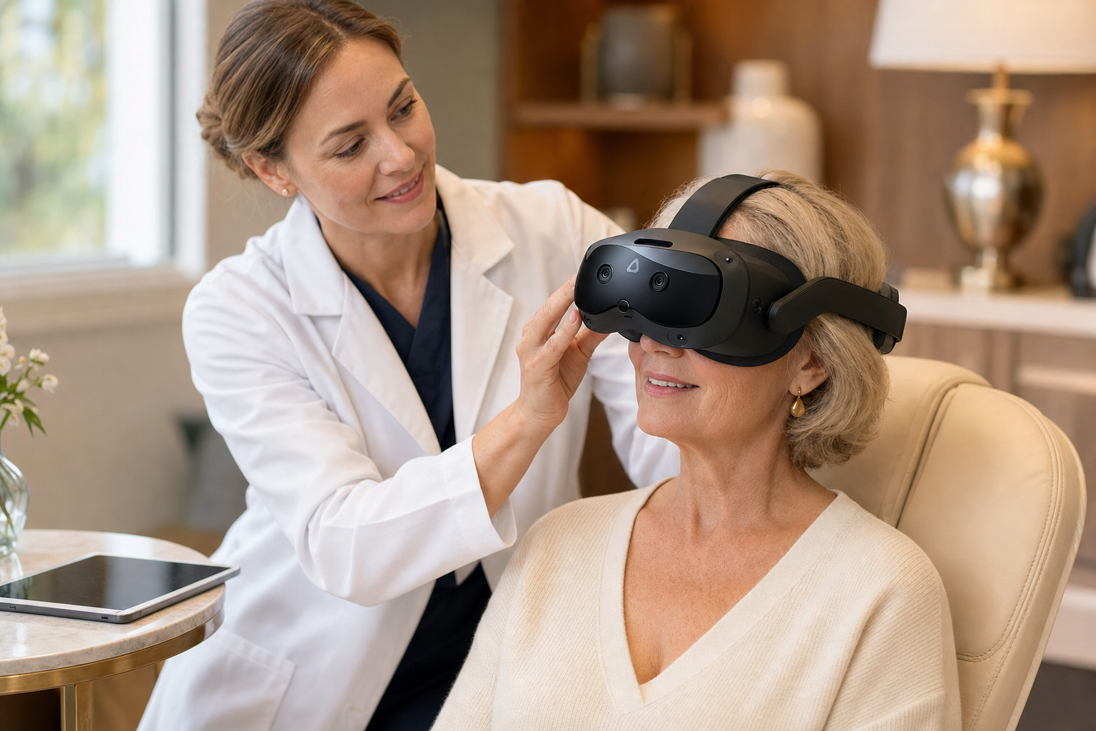 A clinician fits a headset for a supervised cognitive performance assessment.