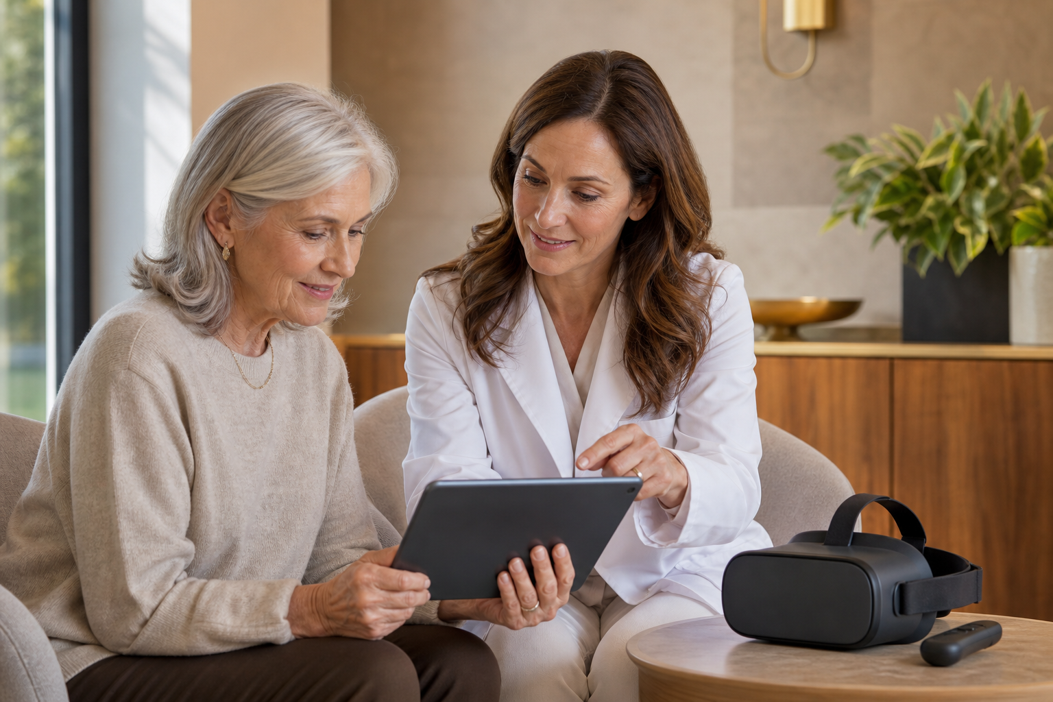 A clinician reviews cognitive performance results with a patient on a tablet.